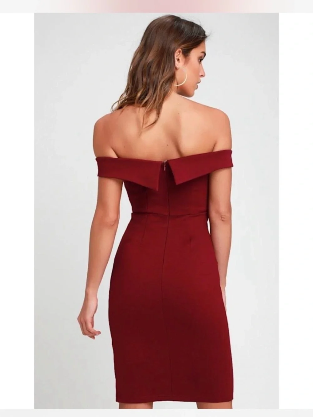 Lulu's Classic Glam Off-the-Shoulder Bodycon Slit Dress. Wine. Size Small - Picture 4 of 10